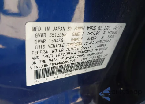 2011 Honda Fit из США, поврежденный, VIN JHMGE8H34BC021639